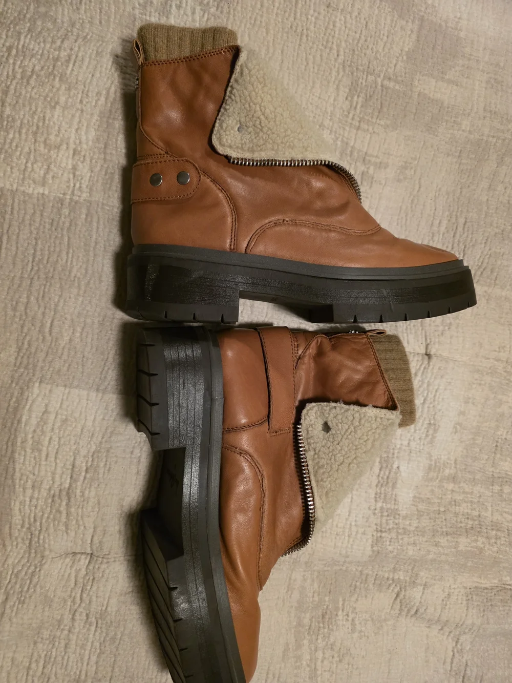 Sam Edelman Tan Leather Shearling-Trim Platform Ankle Boots